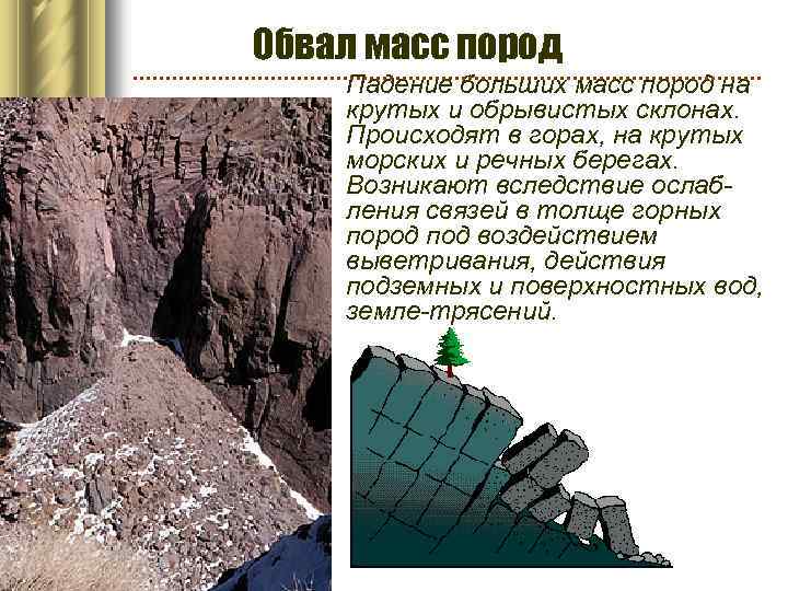 Обвал масс пород Падение больших масс пород на крутых и обрывистых склонах. Происходят в