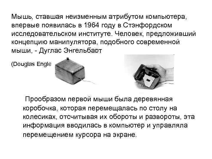Мышь, ставшая неизменным атрибутом компьютера,  впервые появилась в 1964 году в Стэнфордском исследовательском