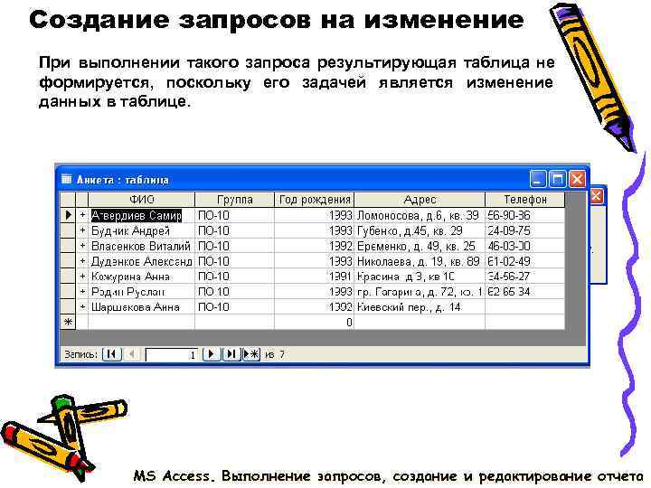 Создание запросов на изменение При выполнении такого запроса результирующая таблица не формируется, поскольку его Создание запросов на изменение При выполнении такого запроса результирующая таблица не формируется, поскольку его