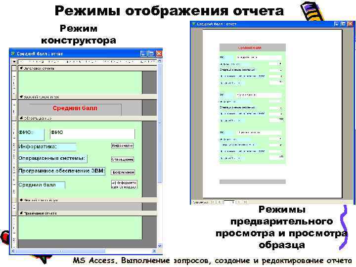 Режимы отображения отчета Режим конструктора Режимы Режимы отображения отчета Режим конструктора Режимы