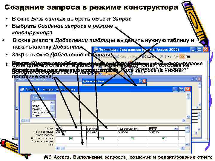 Создание запроса в режиме конструктора • В окне База данных выбрать объект Запрос Создание запроса в режиме конструктора • В окне База данных выбрать объект Запрос