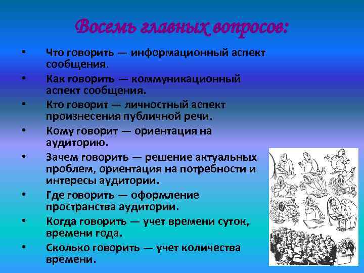   Восемь главных вопросов:  •  Что говорить — информационный аспект сообщения.