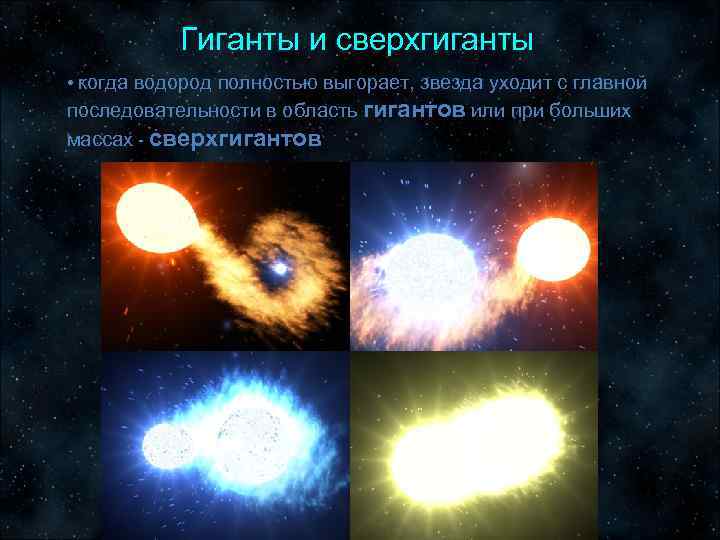   Гиганты и сверхгиганты • когда водород полностью выгорает, звезда уходит с главной