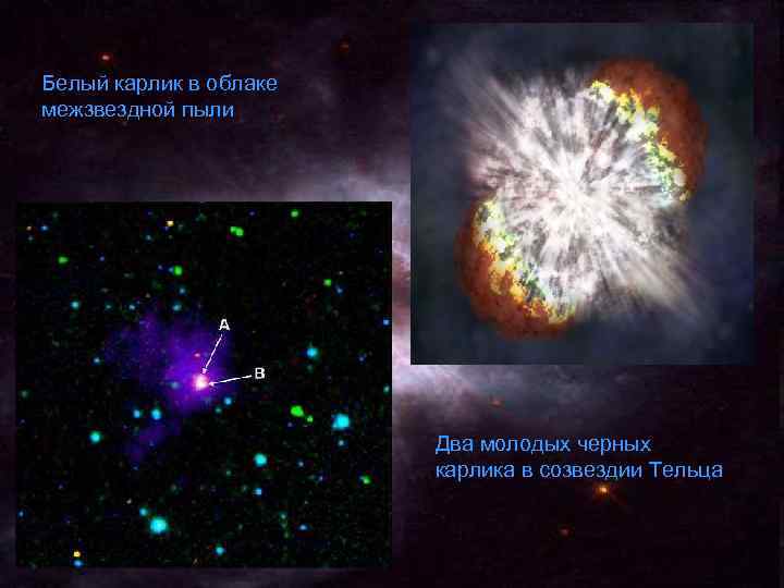 Белый карлик в облаке межзвездной пыли     Два молодых черных 