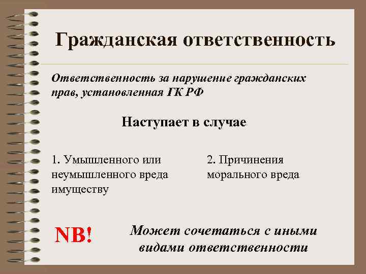 Гражданская ответственность Ответственность за нарушение гражданских прав, установленная ГК РФ   Наступает в