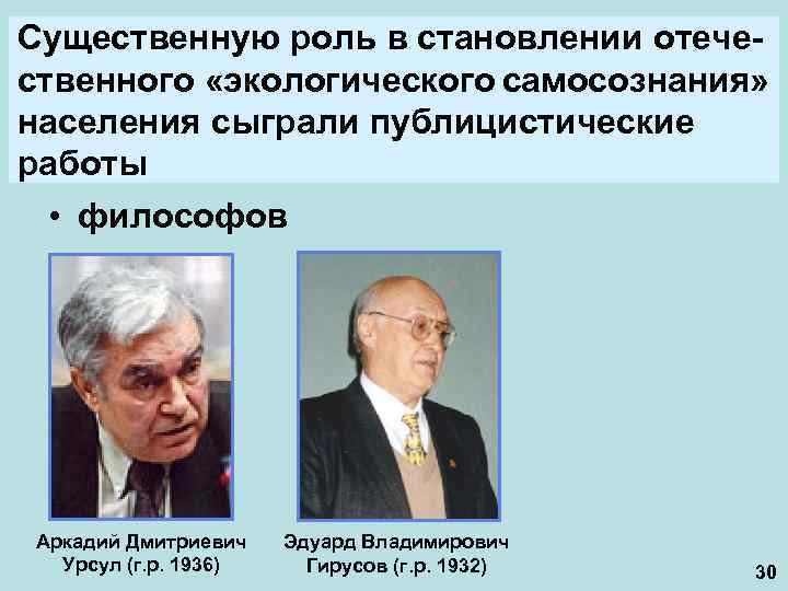 Существенную роль в становлении отечественного «экологического самосознания» населения сыграли публицистические работы • философов Аркадий