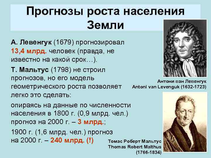Прогнозы роста населения Земли А. Левенгук (1679) прогнозировал 13, 4 млрд. человек (правда, не