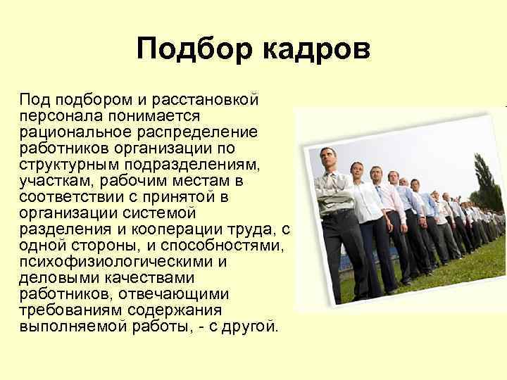    Подбор кадров Под подбором и расстановкой персонала понимается рациональное распределение работников