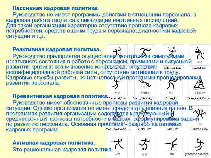  Пассивная кадровая политика.  Руководство не имеет программы действий в отношении персонала, а