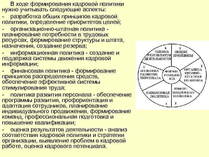   В ходе формирования кадровой политики нужно учитывать следующие аспекты: - разработка общих