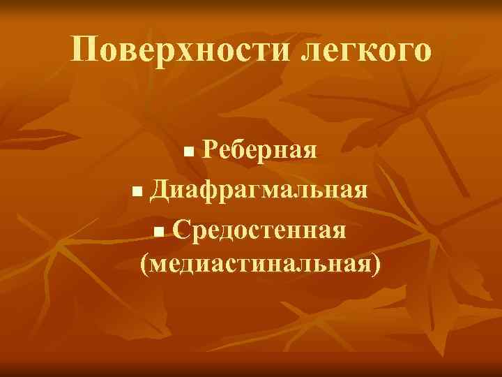 Поверхности легкого  n Реберная  n Диафрагмальная  n Средостенная (медиастинальная) 
