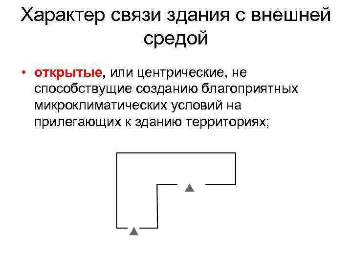 Характер связи здания с внешней   средой • открытые, или центрические, не 