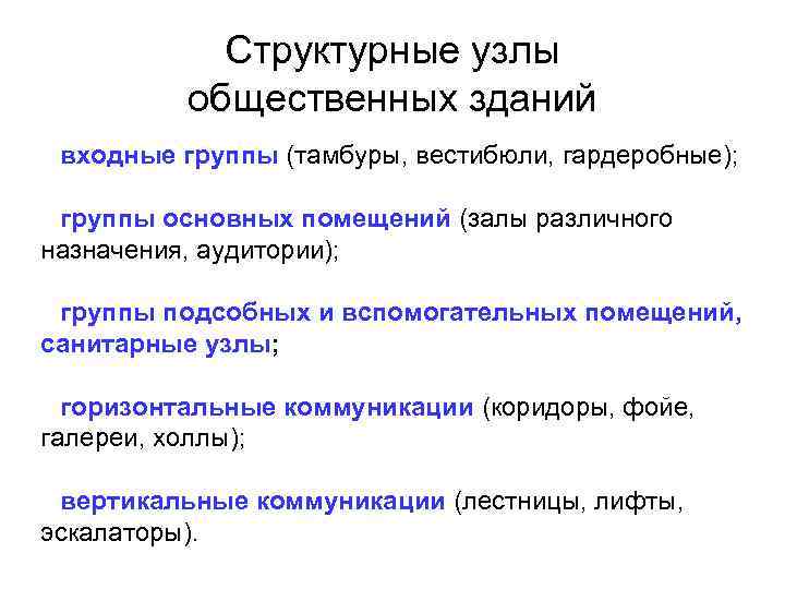   Структурные узлы  общественных зданий входные группы (тамбуры, вестибюли, гардеробные);  группы