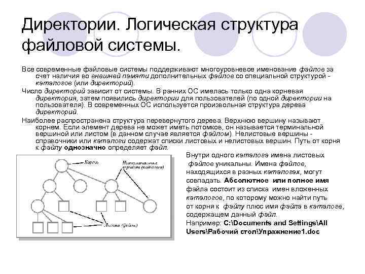 Директории. Логическая структура файловой системы. Все современные файловые системы поддерживают многоуровневое именование файлов за