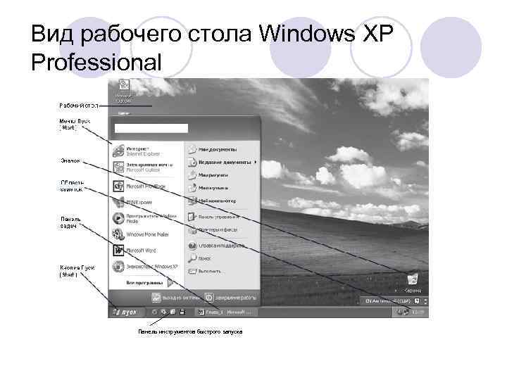 Вид рабочего стола Windows XP Professional   Панель инструментов быстрого запуска 