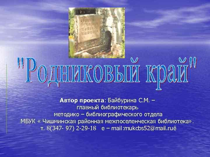 Автор проекта: Байбурина С. М. – главный библиотекарь методико – библиографического отдела МБУК «