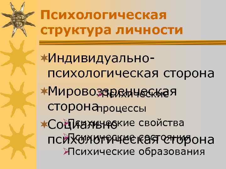 Психологическая структура личности ¬Индивидуально- психологическая сторона ¬Мировоззренческая ØПсихические сторонапроцессы ¬Социально ØПсихические свойства Психологическая структура личности ¬Индивидуально- психологическая сторона ¬Мировоззренческая ØПсихические сторонапроцессы ¬Социально ØПсихические свойства