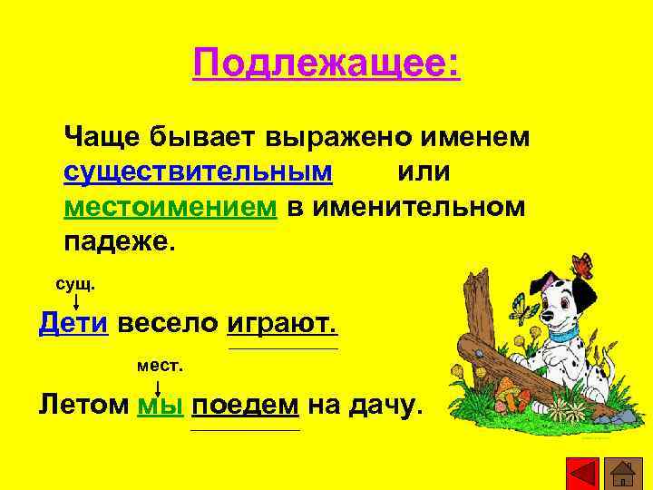 Подлежащее: Чаще бывает выражено именем существительным или местоимением в именительном падеже. сущ. Дети весело