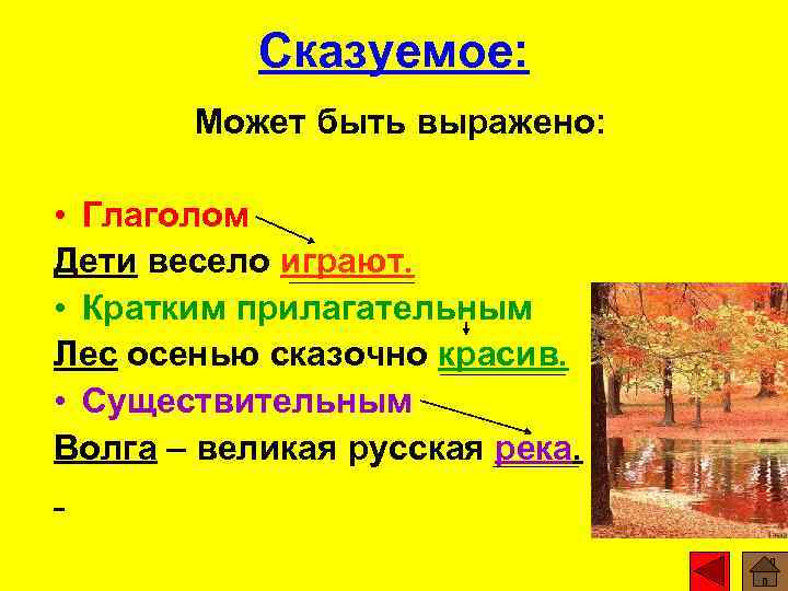 Сказуемое: Может быть выражено: • Глаголом Дети весело играют. • Кратким прилагательным Лес осенью