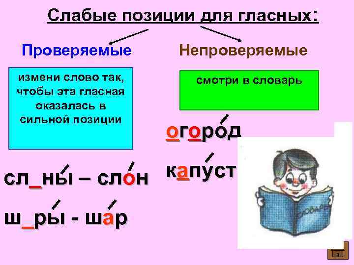 Слабые позиции для гласных: Проверяемые измени слово так, чтобы эта гласная оказалась в сильной