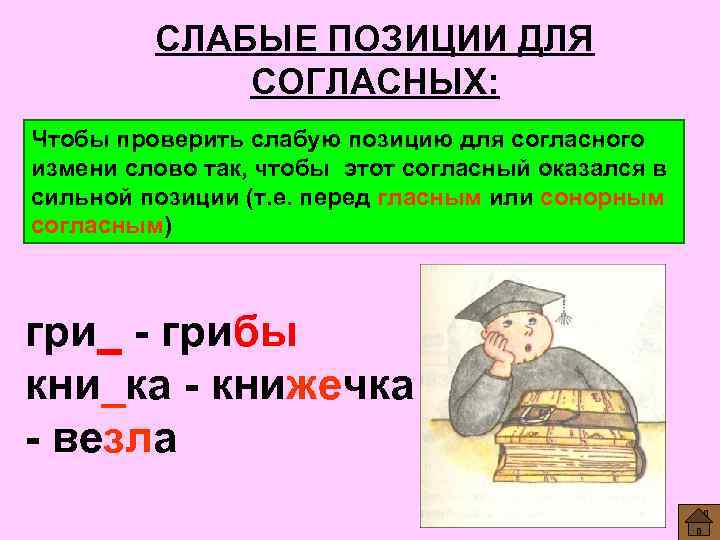 СЛАБЫЕ ПОЗИЦИИ ДЛЯ СОГЛАСНЫХ: Чтобы проверить слабую позицию для согласного измени слово так, чтобы