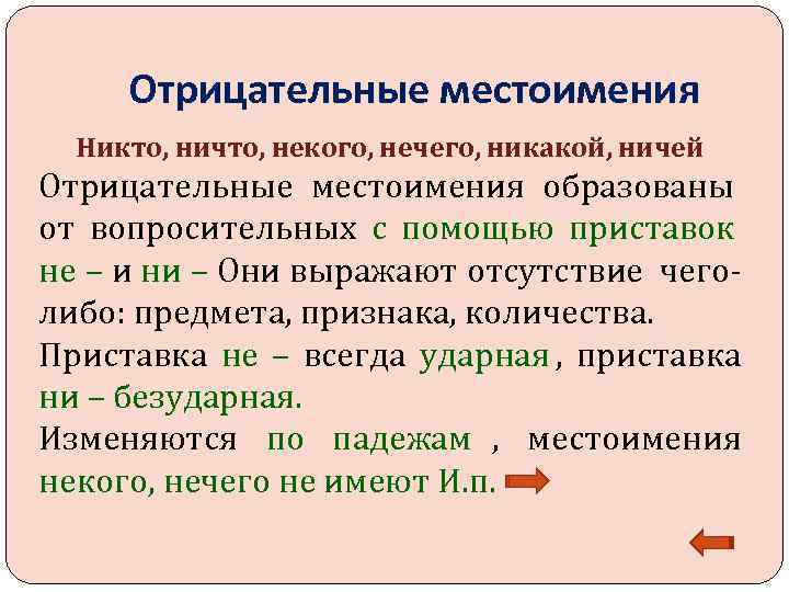  Отрицательные местоимения  Никто, ничто, некого, нечего, никакой, ничей Отрицательные местоимения образованы от
