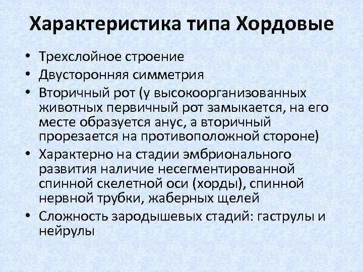 Характеристика типа Хордовые • Трехслойное строение • Двусторонняя симметрия • Вторичный рот (у высокоорганизованных