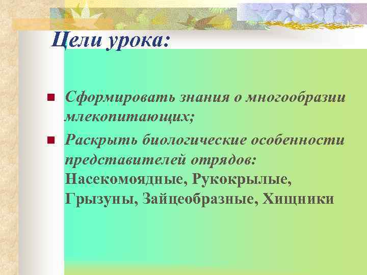 Цели урока:  n  Сформировать знания о многообразии млекопитающих; n  Раскрыть биологические