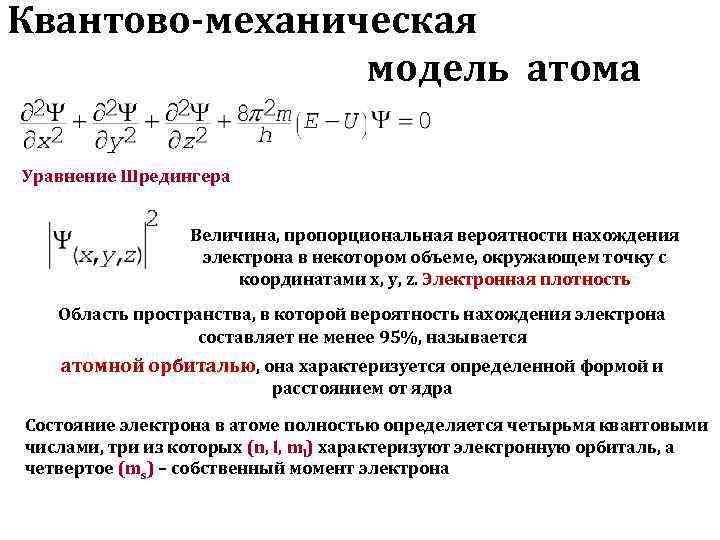 Квантово-механическая   модель атома Уравнение Шредингера    Величина, пропорциональная вероятности нахождения