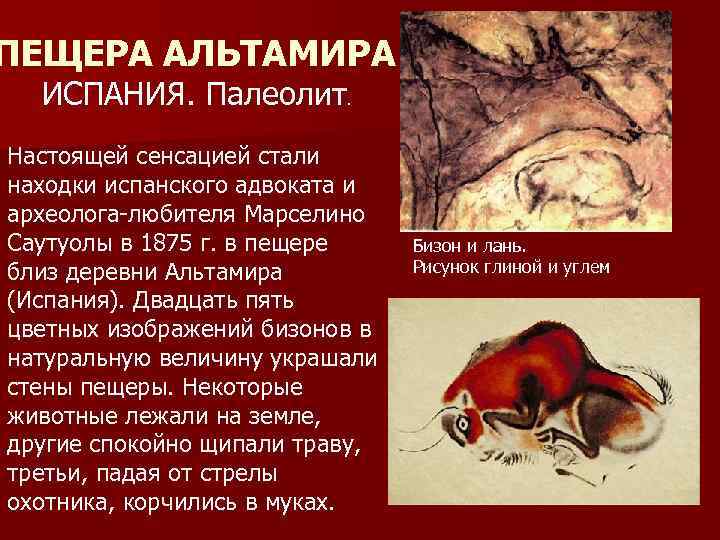 ПЕЩЕРА АЛЬТАМИРА  ИСПАНИЯ. Палеолит. Настоящей сенсацией стали находки испанского адвоката и археолога любителя
