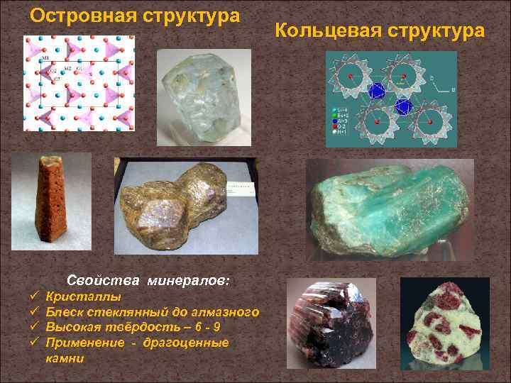 Островная структура       Кольцевая структура  Свойства минералов: ü