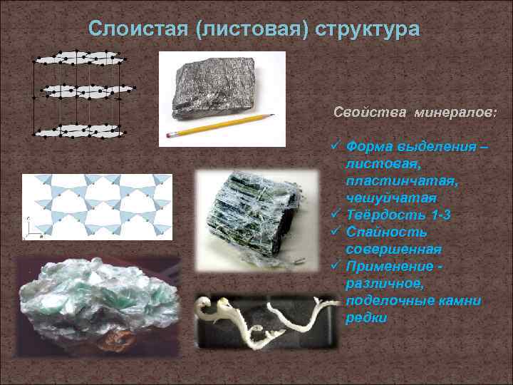 Слоистая (листовая) структура    Свойства минералов:    ü Форма выделения