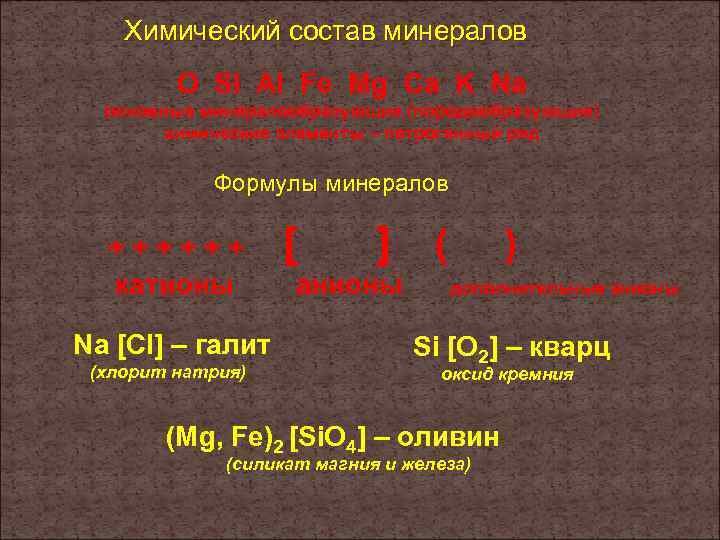   Химический состав минералов   O Si Al Fe Mg Ca K