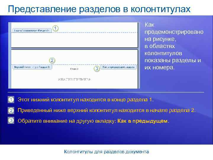 Представление разделов в колонтитулах     Как     продемонстрировано