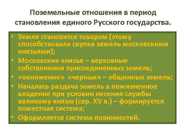  Поземельные отношения в период становления единого Русского государства.  • Земля становится товаром