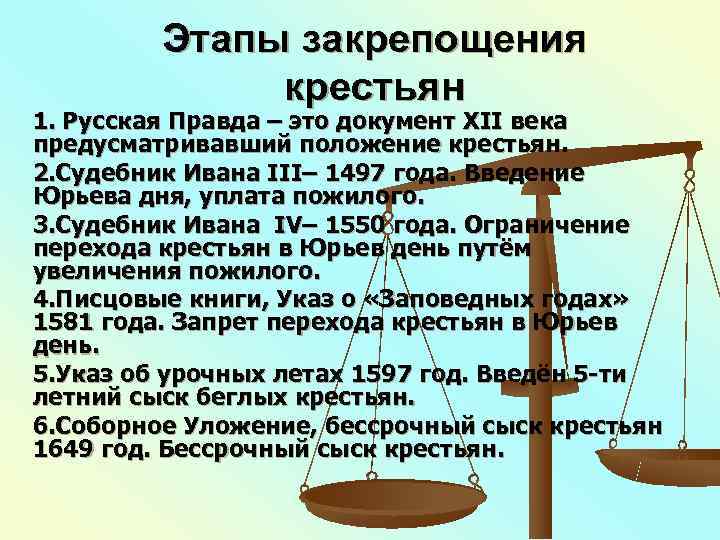    Этапы закрепощения    крестьян 1. Русская Правда – это