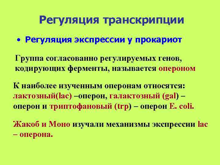  Регуляция транскрипции • Регуляция экспрессии у прокариот Группа согласованно регулируемых генов, кодирующих ферменты,
