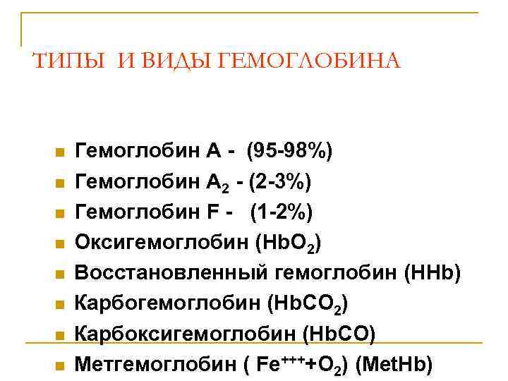 ТИПЫ И ВИДЫ ГЕМОГЛОБИНА n Гемоглобин А - (95 -98%) n ТИПЫ И ВИДЫ ГЕМОГЛОБИНА n Гемоглобин А - (95 -98%) n