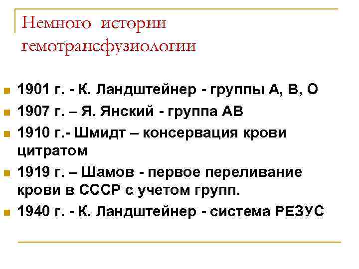 Немного истории гемотрансфузиологии n 1901 г. - К. Ландштейнер - группы Немного истории гемотрансфузиологии n 1901 г. - К. Ландштейнер - группы
