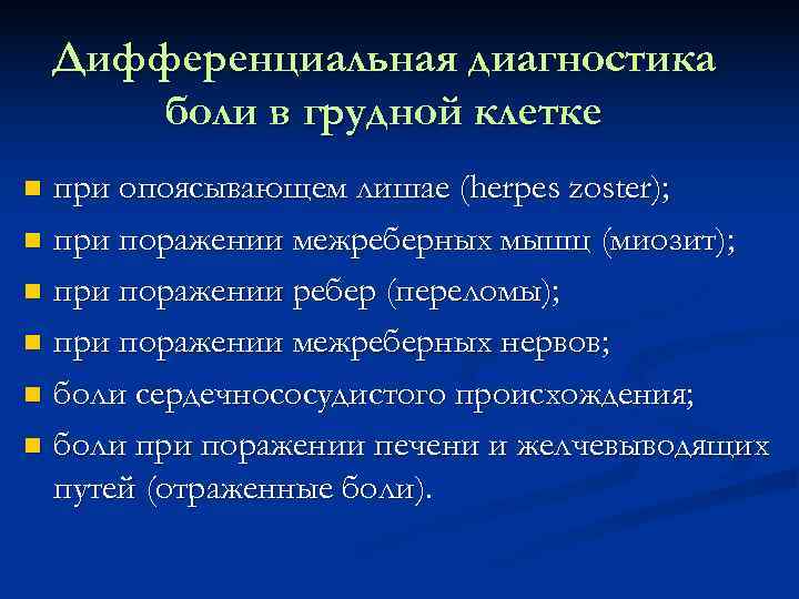   Дифференциальная диагностика   боли в грудной клетке  при опоясывающем лишае