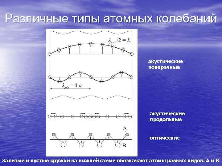 Различные типы атомных колебаний акустические поперечные акустические продольные оптические Залитые и пустые кружки на