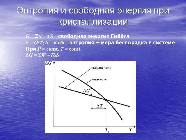 Энтропия и свободная энергия при кристаллизации G = SW 0–TS – свободная энергия Гиббса