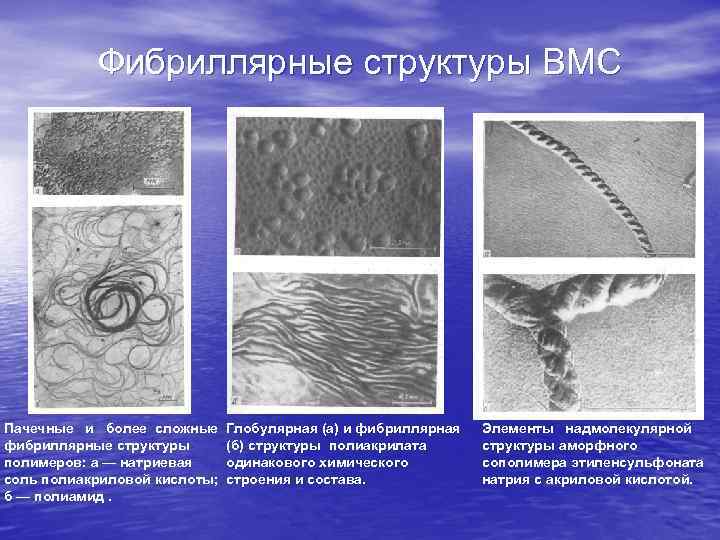 Фибриллярные структуры ВМС Пачечные и более сложные фибриллярные структуры полимеров: а — натриевая соль