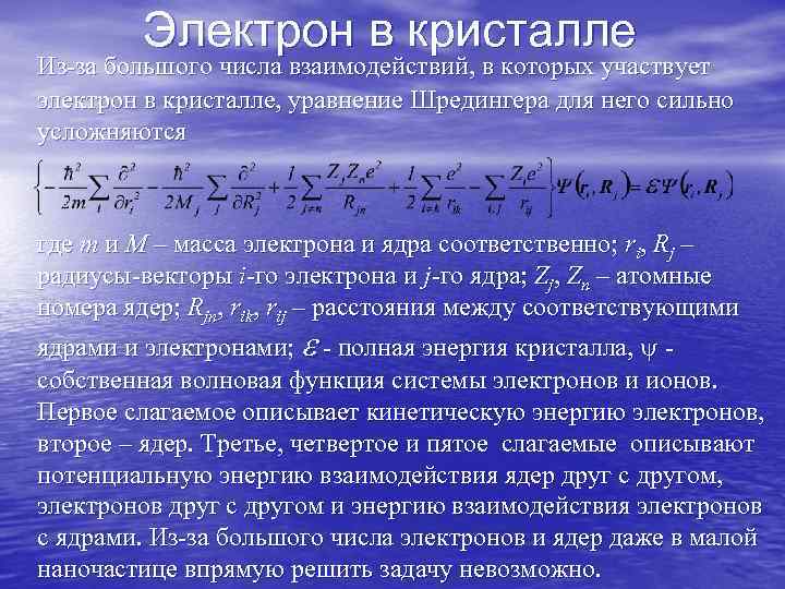 Электрон в кристалле Из-за большого числа взаимодействий, в которых участвует электрон Электрон в кристалле Из-за большого числа взаимодействий, в которых участвует электрон