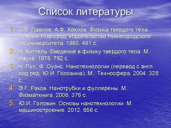 Список литературы 1. П. В. Павлов, А. Ф. Хохлов. Физика твердого тела. Список литературы 1. П. В. Павлов, А. Ф. Хохлов. Физика твердого тела.