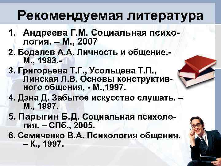  Рекомендуемая литература 1. Андреева Г. М. Социальная психо-  логия. – М. ,
