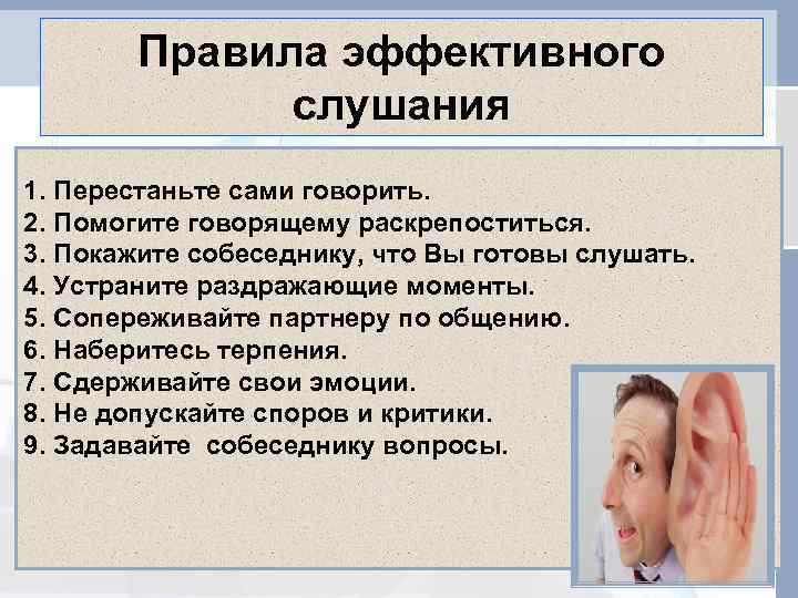   Правила эффективного   слушания 1. Перестаньте сами говорить. 2. Помогите говорящему