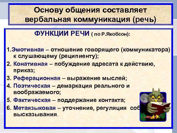   Основу общения составляет вербальная коммуникация (речь)   ФУНКЦИИ РЕЧИ ( по