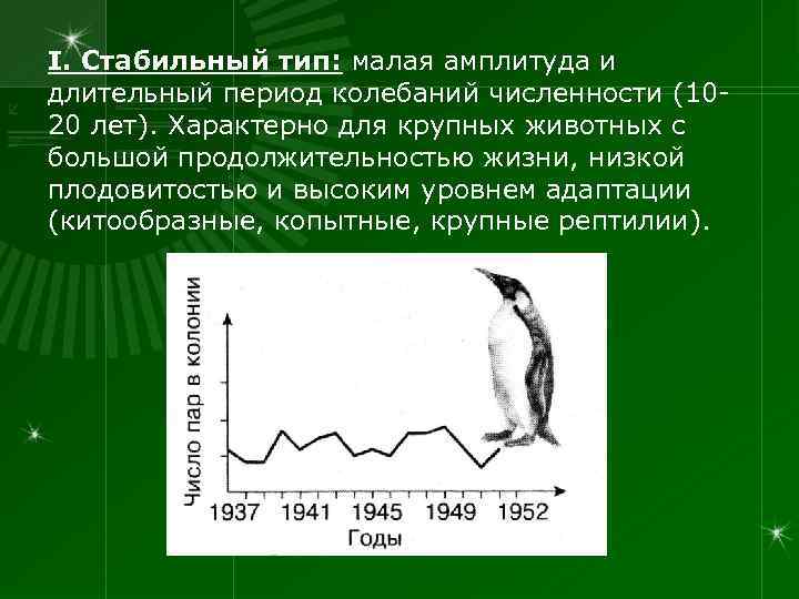 I. Стабильный тип: малая амплитуда и длительный период колебаний численности (10 - 20 лет).