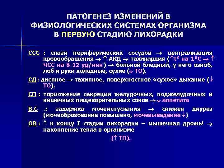   ПАТОГЕНЕЗ ИЗМЕНЕНИЙ В ФИЗИОЛОГИЧЕСКИХ СИСТЕМАХ ОРГАНИЗМА В ПЕРВУЮ СТАДИЮ ЛИХОРАДКИ ССС :